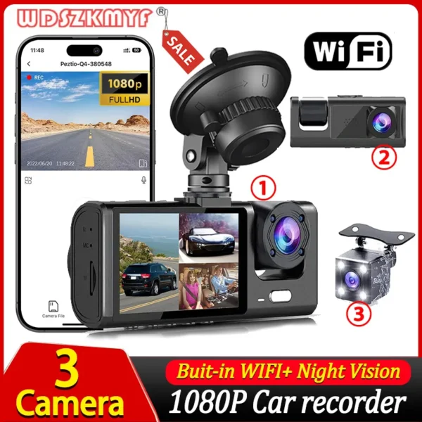 3Channel Dash Cam for Car 1080P Video Recorder WIFI APP Dashcam Car DVR Front and Rear View Camera Night Vision car accessory