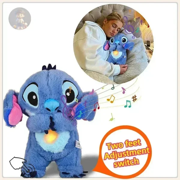 MINISO 2024 New Stitch Baby Breathing Bear Plush Soothing Kawaii Music Sleeping Companion Sound And Light Plush Toy Kids Gift