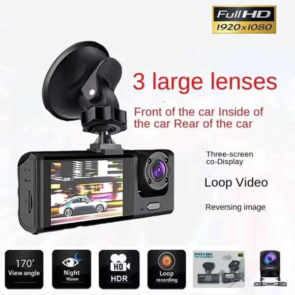 3 Channel Car DVR HD 1080P 3-Lens Inside Vehicle Dash CamThree Way Camera DVRs Recorder Video Registrator Dashcam Camcorder - Image 2